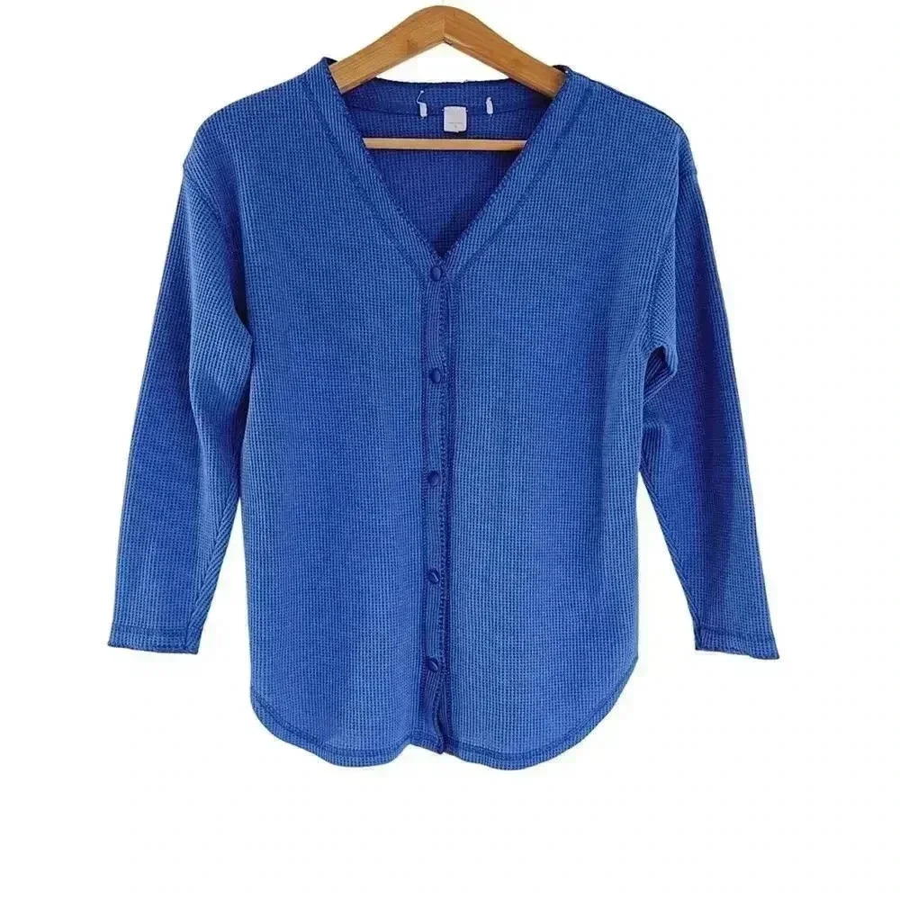 Blue Button Down Waffle Long Sleeve Shirt Women's Size S